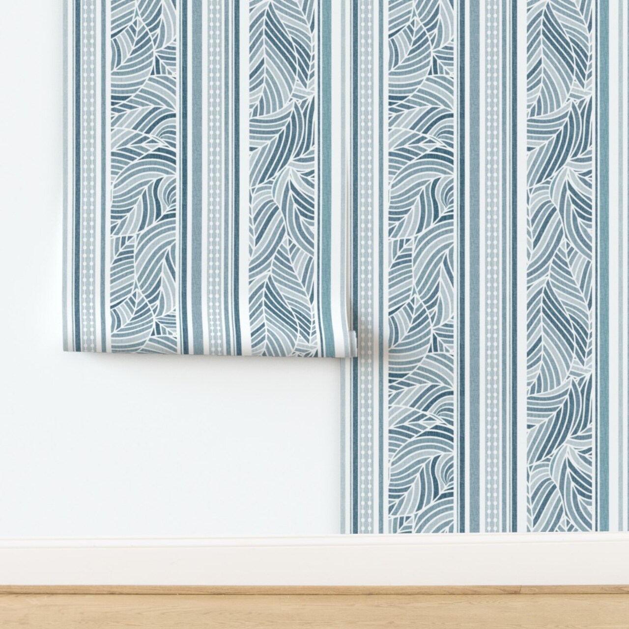 Abstract Botanical Blue Foliage Coastal Geometric Leaf Stripe Classic Modern Custom Removable Wallpaper by Spoonflower Peel & Stick Wallpaper 2FT Wide